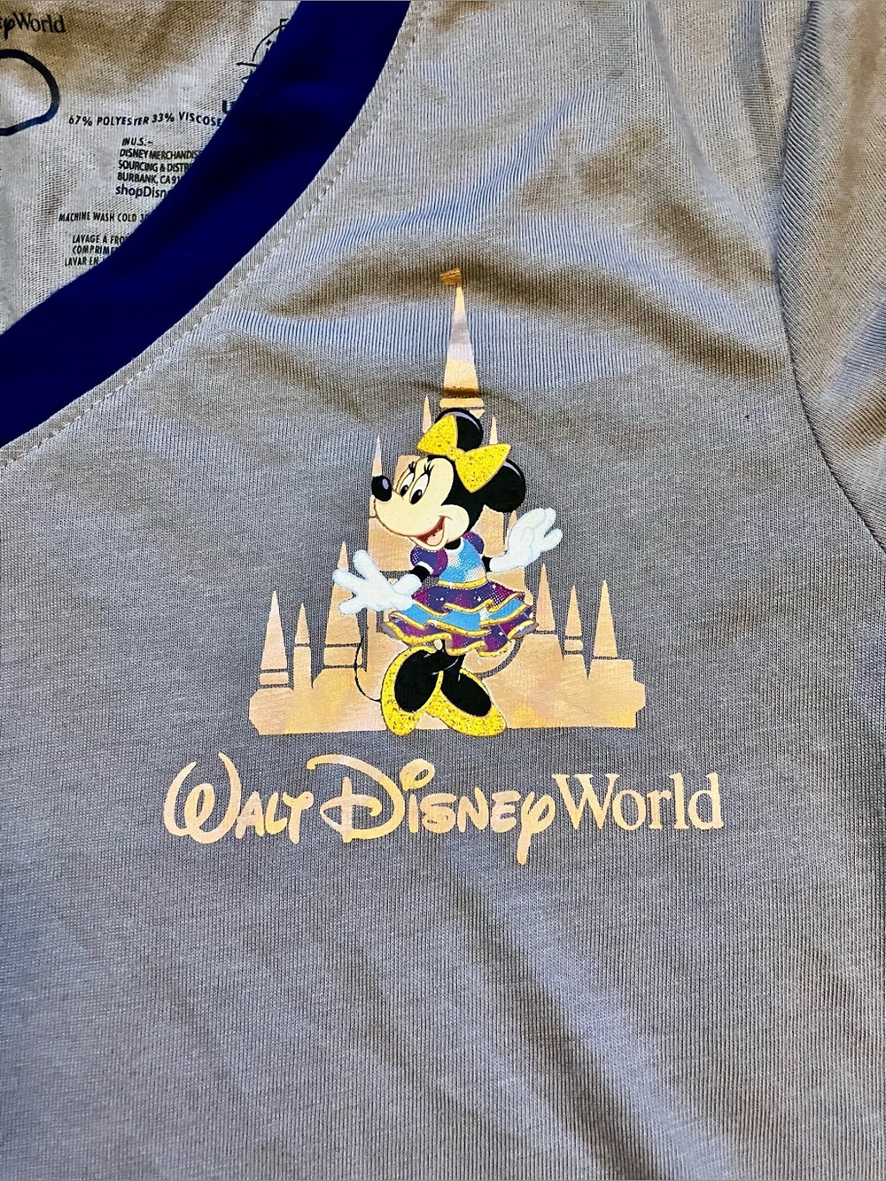 NWT Women’s Size Small Disney Light Gray V-Neck Tee with Navy Trim - Picture 3 of 6